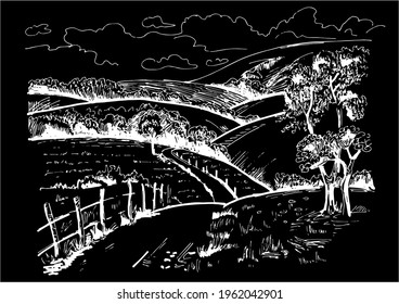 Rural scenery landscape panorama of countryside pastures. Green grass field on small hills. Vector sketch illustration