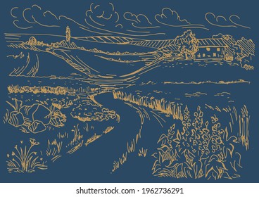 Rural scenery landscape panorama of countryside pastures. Green grass field on small hills. Vector sketch illustration