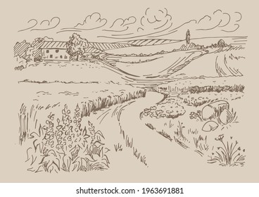 Rural scenery landscape panorama of countryside pastures. Green grass field on small hills. Vector sketch illustration