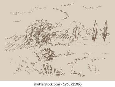 Rural scenery landscape panorama of countryside pastures. Green grass field on small hills. Vector sketch illustration