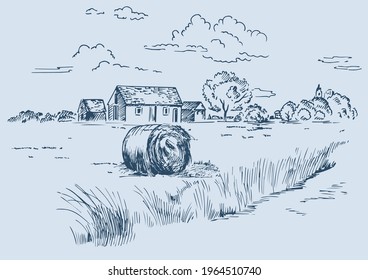 Rural scenery landscape panorama of countryside pastures. Green grass field on small hills. Vector sketch illustration