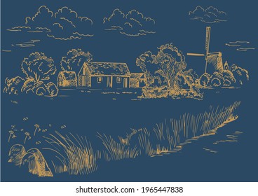 Rural scenery landscape panorama of countryside pastures. Green grass field on small hills. Vector sketch illustration