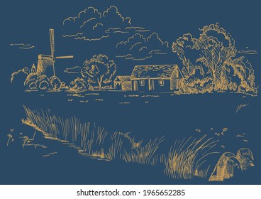 Rural scenery landscape panorama of countryside pastures. Green grass field on small hills. Vector sketch illustration