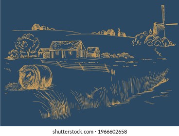 Rural scenery landscape panorama of countryside pastures. Green grass field on small hills. Vector sketch illustration