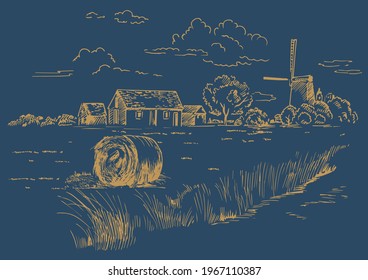 Rural scenery landscape panorama of countryside pastures. Green grass field on small hills. Vector sketch illustration