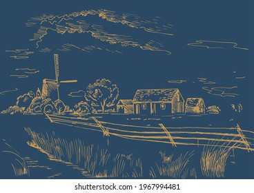 Rural scenery landscape panorama of countryside pastures. Green grass field on small hills. Vector sketch illustration