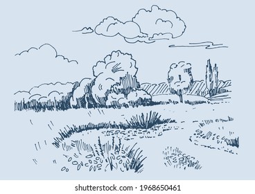 Rural scenery landscape panorama of countryside pastures. Green grass field on small hills. Vector sketch illustration