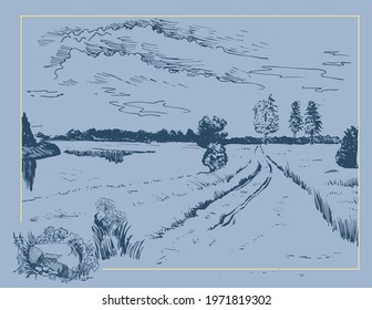 Rural scenery landscape panorama of countryside pastures. Green grass field on small hills. Vector sketch illustration