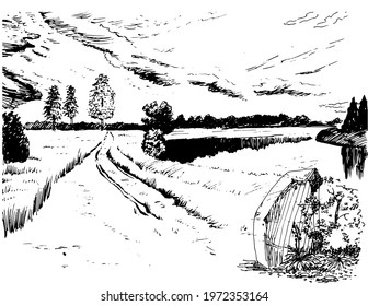 Rural scenery landscape panorama of countryside pastures. Green grass field on small hills. Vector sketch illustration