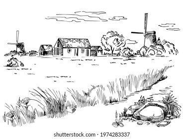 Rural scenery landscape panorama of countryside pastures. Green grass field on small hills. Vector sketch illustration