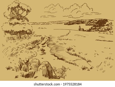 Rural scenery landscape panorama of countryside pastures. Green grass field on small hills. Vector sketch illustration