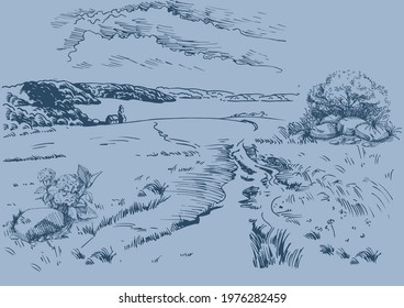 Rural scenery landscape panorama of countryside pastures. Green grass field on small hills. Vector sketch illustration