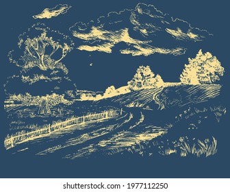 Rural scenery landscape panorama of countryside pastures. Green grass field on small hills. Vector sketch illustration