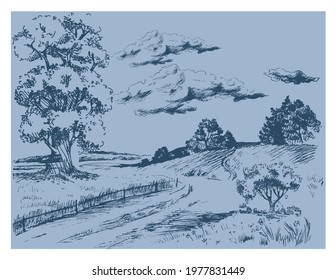 Rural scenery landscape panorama of countryside pastures. Green grass field on small hills. Vector sketch illustration