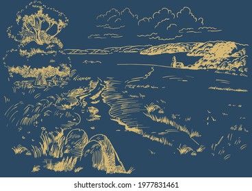 Rural scenery landscape panorama of countryside pastures. Green grass field on small hills. Vector sketch illustration