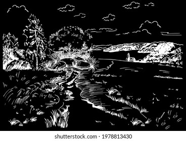 Rural scenery landscape panorama of countryside pastures. Green grass field on small hills. Vector sketch illustration