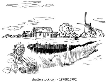 Rural scenery landscape panorama of countryside pastures. Green grass field on small hills. Vector sketch illustration