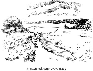 Rural scenery landscape panorama of countryside pastures. Green grass field on small hills. Vector sketch illustration