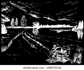 Rural scenery landscape panorama of countryside pastures. Green grass field on small hills. Vector sketch illustration
