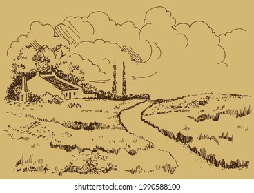 Rural scenery landscape panorama of countryside pastures. Green grass field on small hills. Vector sketch illustration