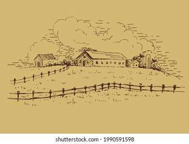 Rural scenery landscape panorama of countryside pastures. Green grass field on small hills. Vector sketch illustration