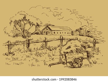 Rural scenery landscape panorama of countryside pastures. Green grass field on small hills. Vector sketch illustration