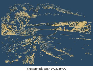 Rural scenery landscape panorama of countryside pastures. Green grass field on small hills. Vector sketch illustration
