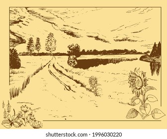 Rural scenery landscape panorama of countryside pastures. Green grass field on small hills. Vector sketch illustration