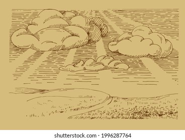 Rural scenery landscape panorama of countryside pastures. Green grass field on small hills. Vector sketch illustration