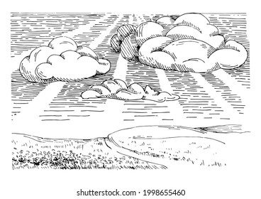 Rural scenery landscape panorama of countryside pastures. Green grass field on small hills. Vector sketch illustration