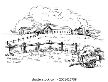 Rural Scenery Landscape Panorama Of Countryside Pastures. Green Grass Field On Small Hills. Vector Sketch Illustration