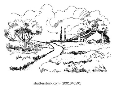 Rural scenery landscape panorama of countryside pastures. Green grass field on small hills. Vector sketch illustration