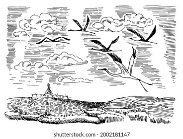 Rural scenery landscape panorama of countryside pastures. Green grass field on small hills. Vector sketch illustration