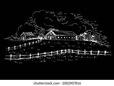 Rural scenery landscape panorama of countryside pastures. Green grass field on small hills. Vector sketch illustration
