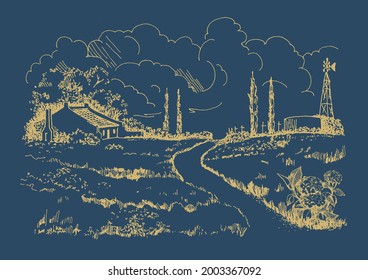 Rural scenery landscape panorama of countryside pastures. Green grass field on small hills. Vector sketch illustration