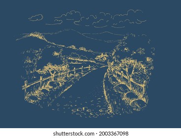 Rural scenery landscape panorama of countryside pastures. Green grass field on small hills. Vector sketch illustration