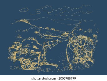 Rural scenery landscape panorama of countryside pastures. Green grass field on small hills. Vector sketch illustration