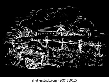 Rural scenery landscape panorama of countryside pastures. Green grass field on small hills. Vector sketch illustration