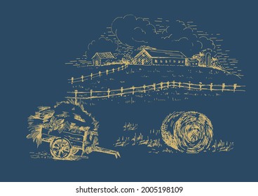 Rural scenery landscape panorama of countryside pastures. Green grass field on small hills. Vector sketch illustration