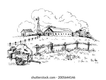 Rural scenery landscape panorama of countryside pastures. Green grass field on small hills. Vector sketch illustration