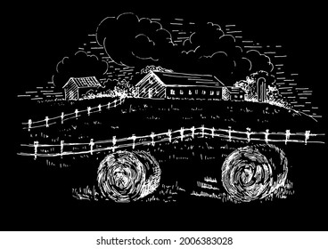 Rural scenery landscape panorama of countryside pastures. Green grass field on small hills. Vector sketch illustration