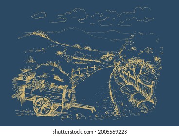 Rural scenery landscape panorama of countryside pastures. Green grass field on small hills. Vector sketch illustration