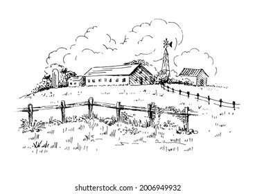 Rural scenery landscape panorama of countryside pastures. Green grass field on small hills. Vector sketch illustration