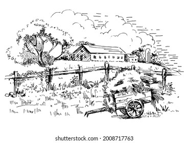 Rural scenery landscape panorama of countryside pastures. Green grass field on small hills. Vector sketch illustration