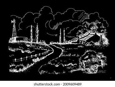 Rural scenery landscape panorama of countryside pastures. Green grass field on small hills. Vector sketch illustration