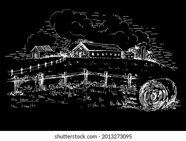 Rural scenery landscape panorama of countryside pastures. Green grass field on small hills. Vector sketch illustration