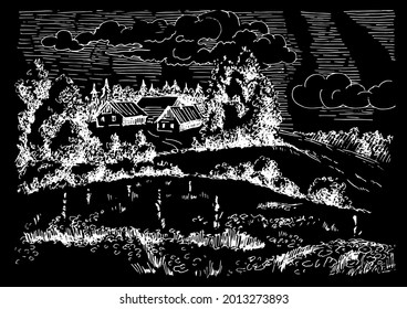Rural scenery landscape panorama of countryside pastures. Green grass field on small hills. Vector sketch illustration