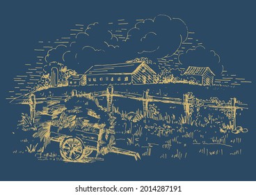 Rural scenery landscape panorama of countryside pastures. Green grass field on small hills. Vector sketch illustration