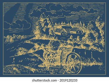 Rural scenery landscape panorama of countryside pastures. Green grass field on small hills. Vector sketch illustration