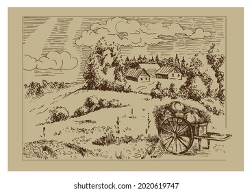 Rural scenery landscape panorama of countryside pastures. Green grass field on small hills. Vector sketch illustration